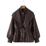Fashion Collar Design Lantern Sleeve Imitation Leather Jacket Woman In Autumn