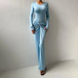 Women's 2025 Summer New Round Neck Fashion Sexy Body Folding Fork Long Sleeve Skirt