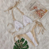 Woherb Sexy New Crystal Diamond Bikini Solid Color Patchwork Belt Swimsuit Vacation Split Women's