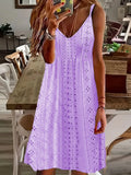 Woherb Women's Summer New Hollow Jacquard V-Collar Sling Solid Color Dress-Outfit