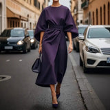 Women's Fashion Temperament Elegant Solid Color Waist Dress Casual Bat Sleeve