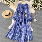 Senior Sense Women's Elegant Print French Dress To The Waist Thin Bubble Sleeve Super Fairy Large Swing