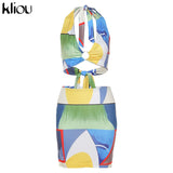 Kliou Tie Dry Two Piece Set Women 2021 Sexy Halter Sequined Beachwear Cleavage Crop Top+Mini Skirt Suit Female платье