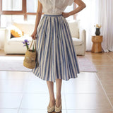 Women Vintage Cotton Linen Striped Umbrella Skirt Elegant High Waist Mid-length Long A-line Skirt For Spring Summer QT2064-Outfit