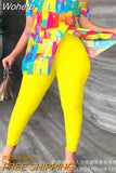 Women Spring Summer Geometric Print Split Hem Top & Pants Set 2pcs Clothes Suit Fashion Casual-Outfit