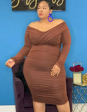 Winter Brown Off Shoulder Long Sleeves Ruched Plus Size Club