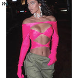 Sexy Hollow Out Gloves Women T-shirt Pink Long Sleeve Round Neck Short T-shirt Female Autumn Slim Fashion Party Top 2022-Outfit
