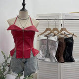 Shoot Hottie Hanging Neck Zipper Open Fork Sling Vest Pu Skin Bra Repair Short Sleeveless Top