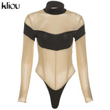 Kliou Mesh Patchwork Bodysuit Women Sexy See Through Halter Backless Panelled One Piece Female Elastic Summer Swimsuit
