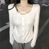 Woherb Girl Heart Machine Collarbone Show Thin Short Style Student Jacket Female 2024 Autumn Dress New Slim Pit Strip Long-Sleeved T-Shirt Female-Outfit