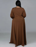 Romantic V-neck Full Sleeves Solid Slit Maxi Plus Size Long