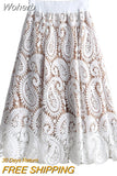Retro Flower Print Hollow Lace Skirts Elegant High Waist Midi A-line Long Skirt QT1473-Outfit