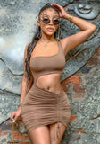 Brown Sexy One Shoulder Lace Up Mini Hollow Out Bodycon