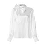 Satin Blouse WomenFashion Tunics Tops 2022 Autumn Elegant Bow Tie Lantern Sleeve Belted Shirt Casual Slik Party