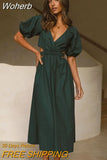 Elegant Short Sleeve V Neck Green Summer Midi Dress For Women 2023 Hollow Out Buttons A-Line Holiday Beach Dress Vestido-Outfit