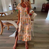 Summer Long Dress Women Casual Patchwork Bohemian Print Short Sleeves Dresses For Women V Neck Plus Size Dress Women