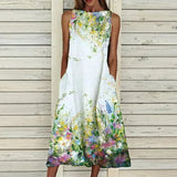 Elegant Dress Summer Floral Print Sleeveless Long Dresses Fashion Round Neck A-Line Pocket Female Dress Plus Size