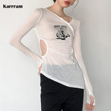 Sexy Irregular Designer Clothes Women See Through Long Sleeve Tee Shirt Female Hollow Out Slim T-shirt Tight