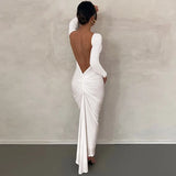Sexy Backless Long Sleeve Ruched Bodycon White Long Dress Elegant Evening Festival Party Club Women Outfit Wholesale-Outfit