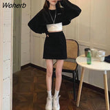 Set Women Suit New Fashion Solid Korean Sweet Cotton Short Pullover O-Neck Mini Dress Simple Spice Girls-Outfit