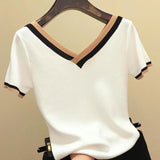 Color Striped Knitted 2021 Summer Top Shirt Woman Clothes V-Neck Short Sleeve Shirt Women Femme Camisetas Mujer