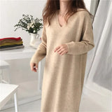 Casual V-neck Loose Long Sweater Dress Women Thick Autumn Winter Dress Female Full Sleeve Basic Jumper Dress femme 2019-Outfit