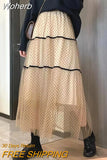 Spring Elastic Waist Midi Polka Dot Lace Mesh Skirt Women Elegant Korean Style High Waist A-line Long Tulle Skirt QT1872-Outfit