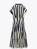 Women Chic Stripe Printed Hollow Out Robe Elegant Front Buttons Short Sleeve Ruffles Draped Dresses 2023 Fashion Female Vestidos-Outfit