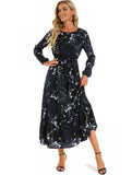 Autumn New Bohemian Floral Print Long Sleeve Waist Dress Women O Neck Loose Casual Beach Vestidos Holiday Robe Dresses-Outfit
