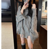 Woherb Sister Restore Ancient Ways Broken Edge Twist Sweater Female Autumn Winter Trend Wind Show Shoulder Design Feeling Loose Head Knit Jacket Female-Outfit