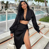Solid Satin Women Long Sleeve Bandage Cut Out Crop Top Midi Dress 2 Piece Set 2021 Autumn Y2K Streetwear Outfit