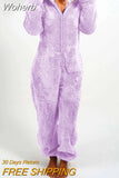 Women Overall Homewear Warm Fleece Hooded High Waist Autumn Winter Solid Color Jumpsuit Pants Jumpsuits Pajama-Outfit