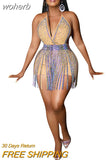 Hot Drilling 2 Piece Set Outfits Summer Sexy Halter Lace Up V Neck Backless Bodysuit Top + Tassel Mini Skirt Club Sets-Outfit
