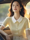 Ice Silk Polo Collar Knitted Shirt For Women 2025 Summer New Commuter Shoulder Short-Sleeved T-Shirt Euro