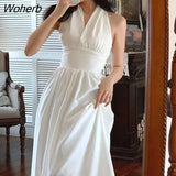 Elegant Halter Dress Women Sexy Backless Korean Party Midi Dress Female Sleeveless V-neck Vintage Dresses for Women 2021-Outfit