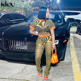 Kliou Sexy Mesh Two Piece Set Women SeeThrough Midnight Style Striped Color Blocking Top+Letter Print High Stretchy