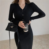 Winter Elegant Fashion V-neck Sweater Bodycon Dress Ladies Solid Simple Casual Slim Knitting Dresses Midi Robe Vestidos-Outfit