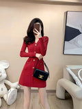 Autumn winter new in Chic Red knit dress women long sleeves O-Neck Button elegant Party dresses-Outfit