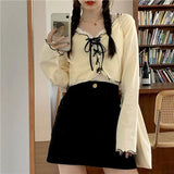 Tshirt Women T Shrit Wave Side Lace-up Cardigan Top Korean Autumn Repair Body Short Long-sleeved T-shirt Harajuku