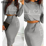 Women 2 Pieces Heart Print Crop Top & Drawstring Skirt Set 2022 Femme Pocket Design Suit Office Lady Overalls traf-Outfit