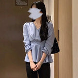 Korea Chic Tops Blusas Women Fashion Flhjlwoc Slim Elastic Waist Belly Peplum Design Ruffled V Neck Solid White Pink