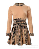Print Long Sleeve Work Dress Women High Waist Spring Summer O Neck Fashion Mini Dress-Outfit
