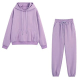 Women Solid Color O-Neck Fleece Sports Suit Winter Casual Loose Pullover Long Pants Two Piece Set Suit Female