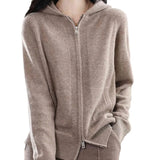 Woherb Zip Hooded Solid Knit Cardigan Women's 2024 New Pocket Wear Casual Loose Sweater Coat-Outfit