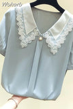 Women Casual Solid Loose Short Sleeve Chic Chiffon Shirt 2023 Summer Fashion Clothes Lace Patchwork All-match Sweet Blouses Tops 1028-0-Outfit