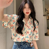 Hong Kong Retro Flower Blouse Women's 2023 Summer Chiffon Blouse for Women Korean Style Women Clothing Vintage Shirt-Outfit