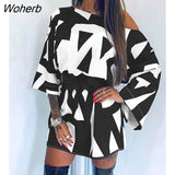 Women Abstract Print Inclined Mini Dress Without Belt 2022 Casual Femme Long Sleeve Robe Office Lady Clothing traf-Outfit