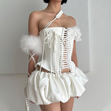 Woherb Fashion Trend With Personality Strapless Top Pleated Skirt Suit Girl-Outfit