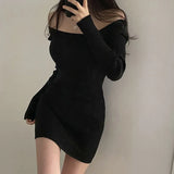 2023 Fall Winter Skinny Knitted Dress Women Black Sexy Bodycon Mini Dresses Female Elegant Slim Long Sleeve Sweater Dress-Outfit