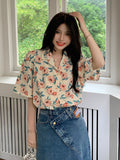 Hong Kong Retro Flower Blouse Women's 2023 Summer Chiffon Blouse for Women Korean Style Women Clothing Vintage Shirt-Outfit